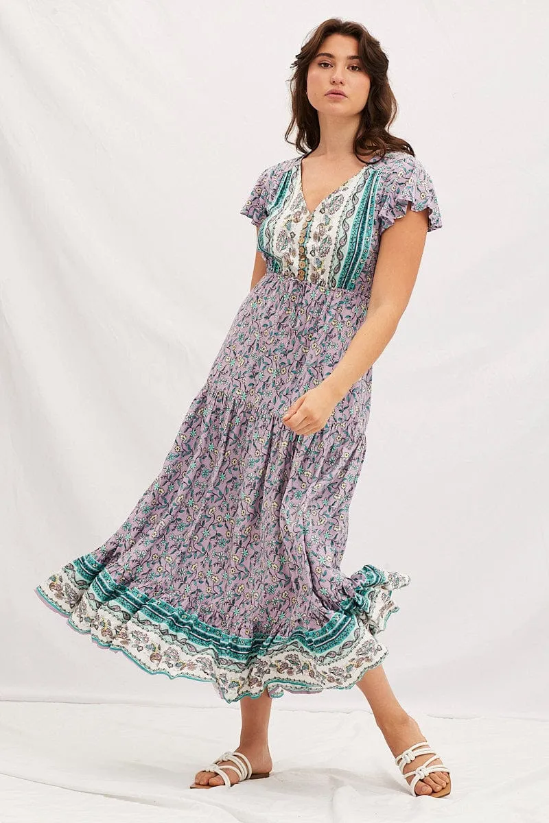 Boho Print V-Neck Short Sleeve Maxi Dress sold by Ally Fashion