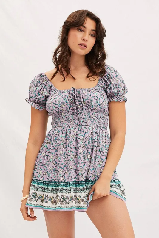 Boho Print Round Neck Puff Sleeve Skater Dress made by Ally Fashion