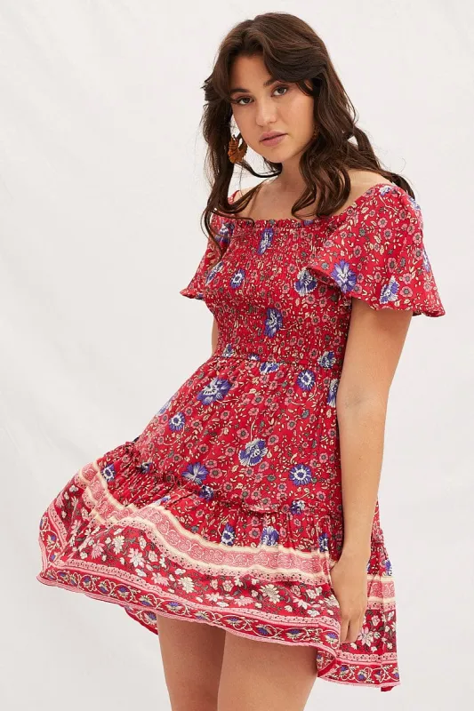 Boho Print Square Neck Short Sleeve Skater Dress sold by Ally Fashion