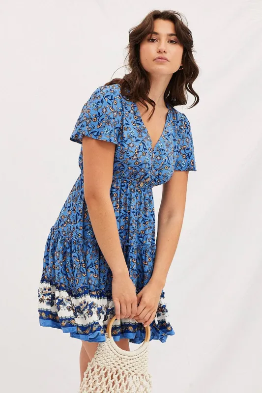 Boho Print V-Neck Short Sleeve Mini Skater Dress sold by Ally Fashion