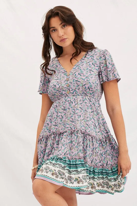 Boho Print V-Neck Short Sleeve Mini Skater Dress sold by Ally Fashion