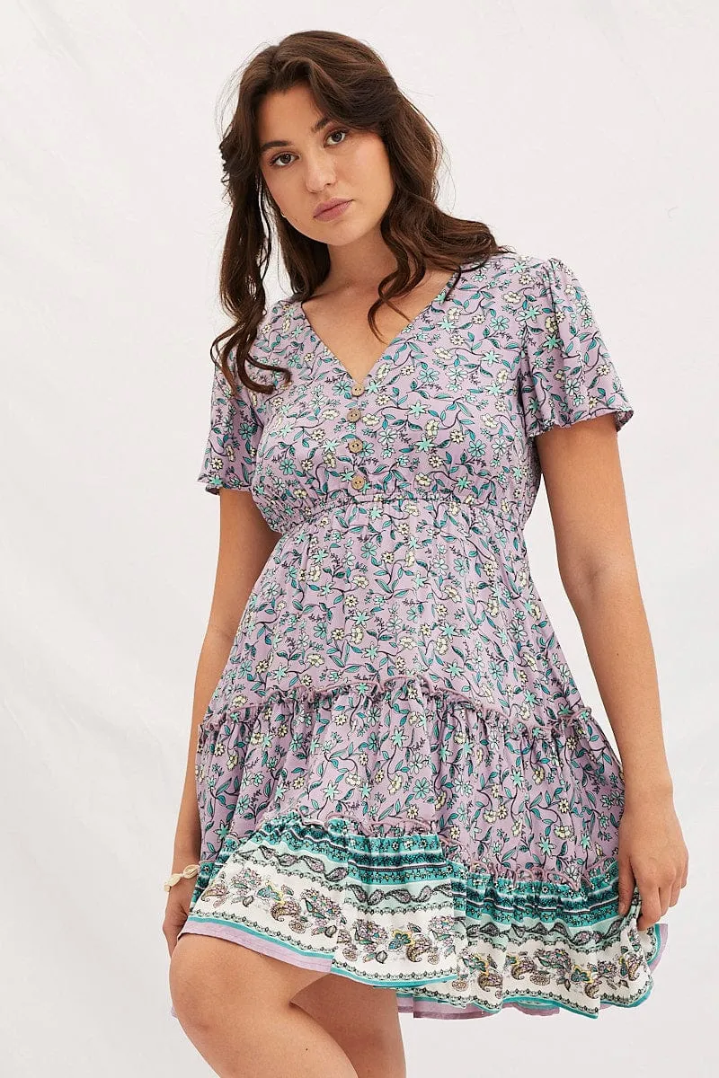 Boho Print V-Neck Short Sleeve Mini Skater Dress sold by Ally Fashion