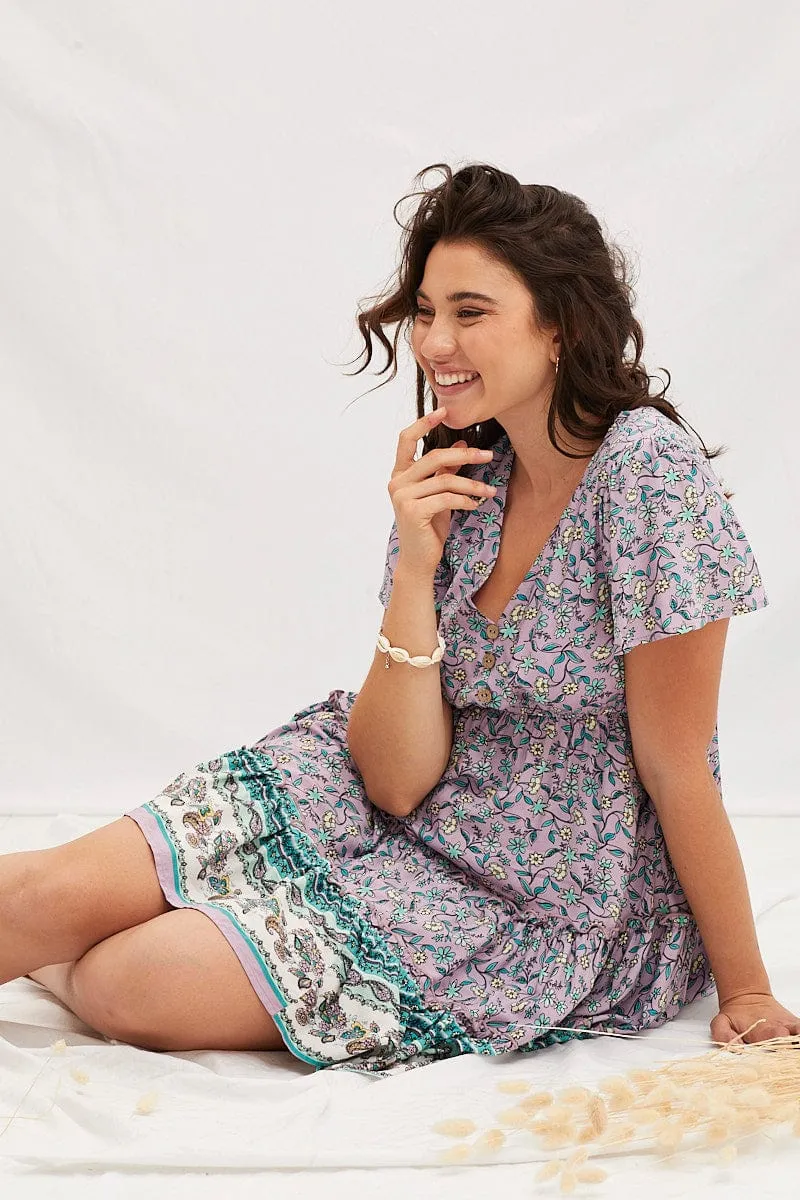 Boho Print V-Neck Short Sleeve Mini Skater Dress sold by Ally Fashion product image thumbnail 3