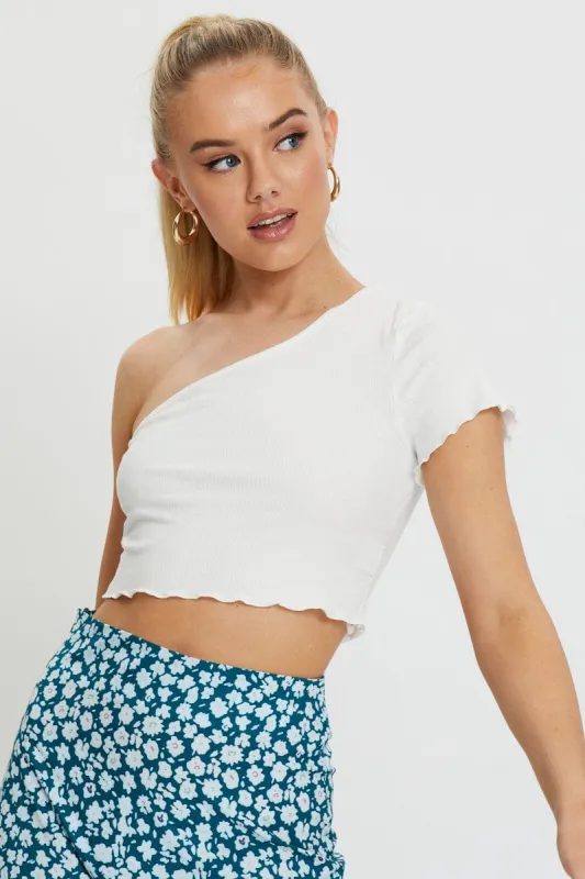 White Lettuce Hem One Shoulder Ribbed Top sold by Ally Fashion