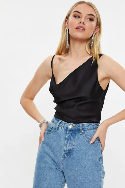 Black Designer Asymmetric Strap Cowl Neck Top sold by Ally Fashion