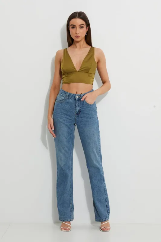 Green Designer Plunge Satin Crop Top sold by Ally Fashion