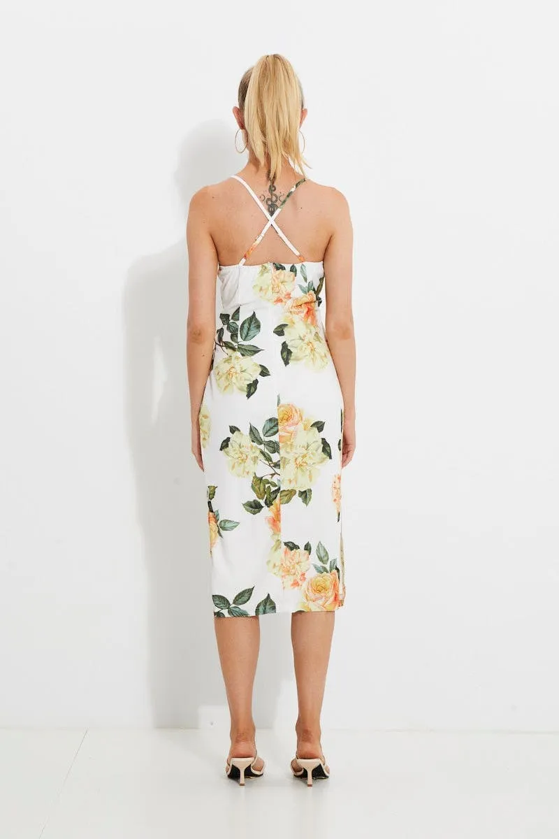 Print Designer Yellow Rose Racer Neck Slip Midi Dress sold by Ally Fashion product image thumbnail 5