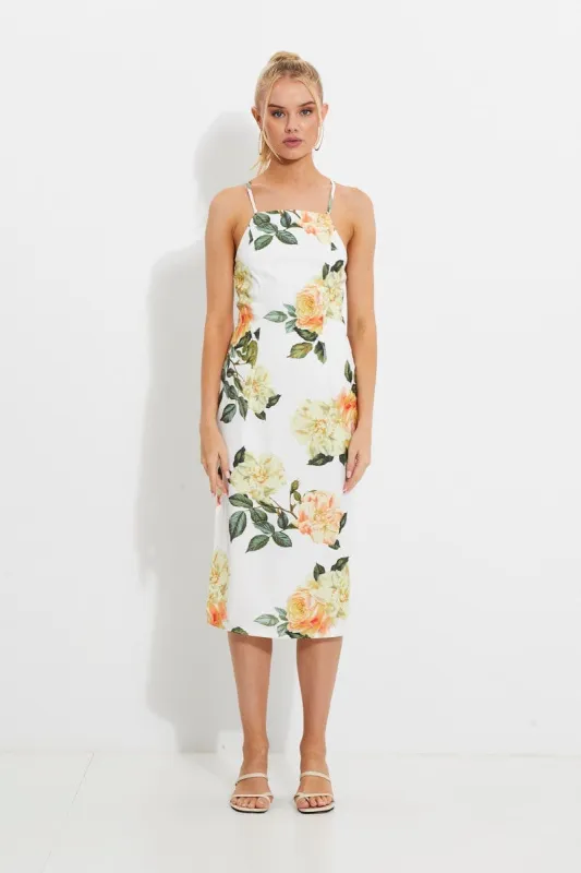 Print Designer Yellow Rose Racer Neck Slip Midi Dress sold by Ally Fashion