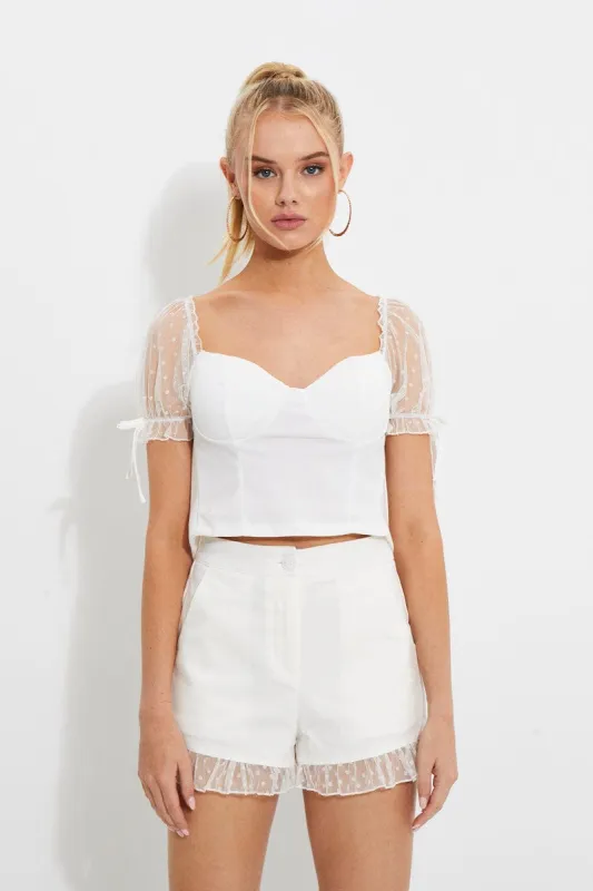 White Dobby Mesh Ruffle Puff Sleeve Bustier Crop Top sold by Ally Fashion