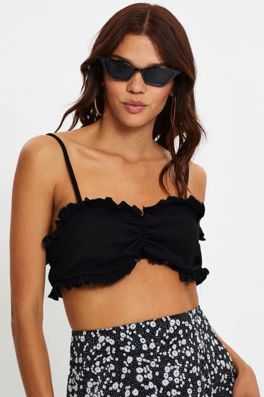 Black Ruched Frill Detail Ribbed Crop Top sold by Ally Fashion