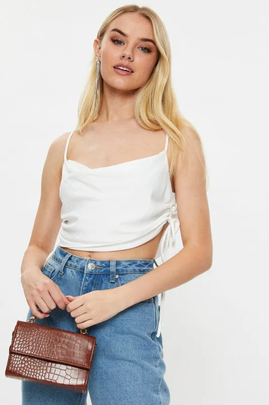 White Designer Linen Look Cowl Neck Drawstring Top sold by Ally Fashion