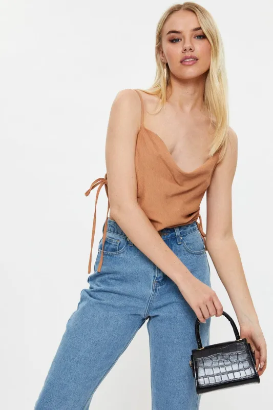 Beige Designer Linen Look Cowl Neck Drawstring Top sold by Ally Fashion