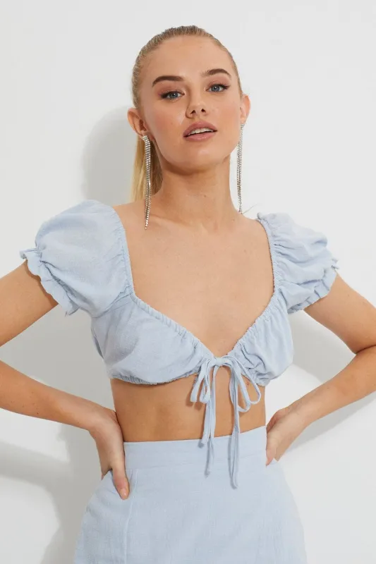 Blue Designer Puff Sleeve Tie Front Crop sold by Ally Fashion