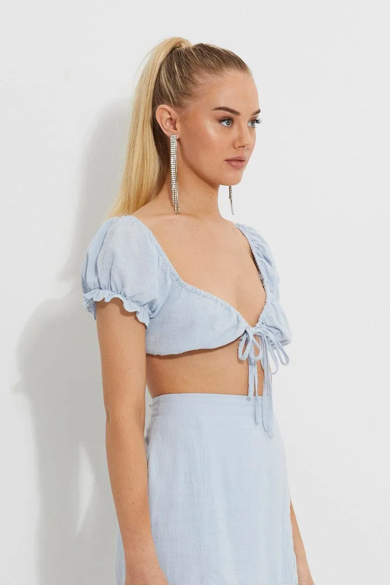 Blue Designer Puff Sleeve Tie Front Crop sold by Ally Fashion product image thumbnail 2