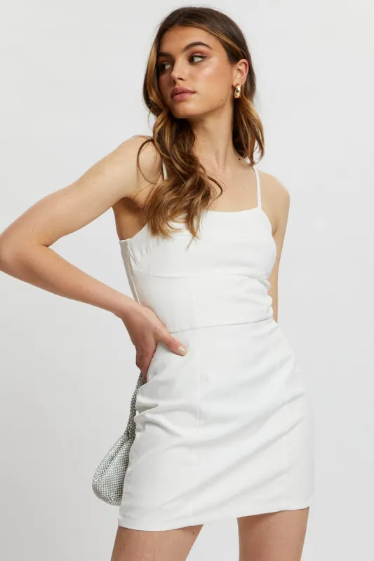 White Designer Panel Detail Mini Dress sold by Ally Fashion