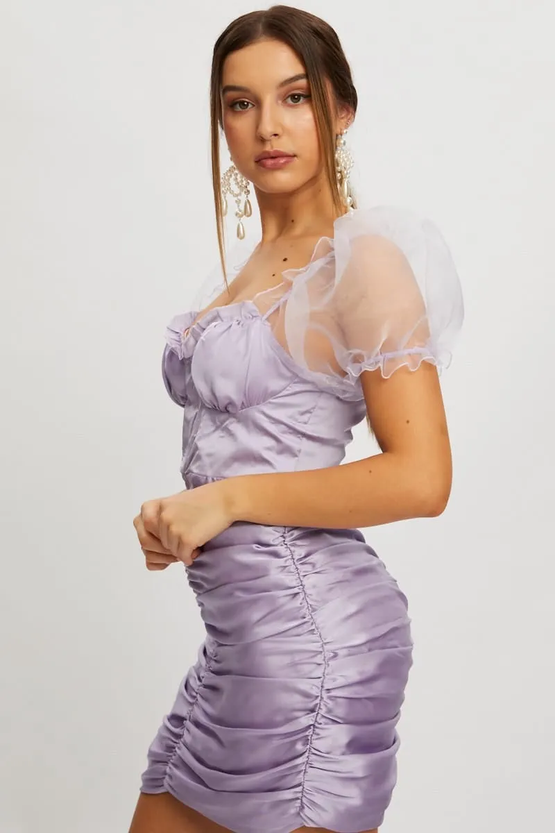 Purple Designer Satin Cupped Organza Puff Shoulder Dress sold by Ally Fashion product image thumbnail 2