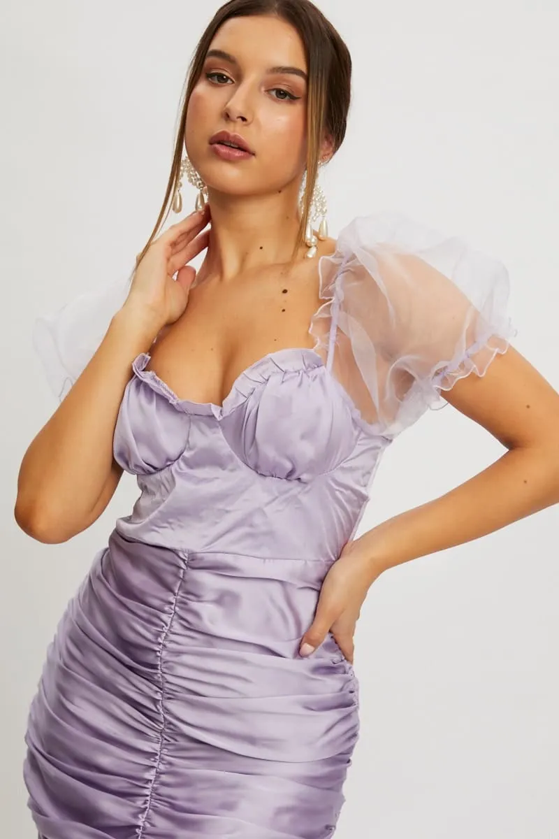 Purple Designer Satin Cupped Organza Puff Shoulder Dress sold by Ally Fashion product image thumbnail 4