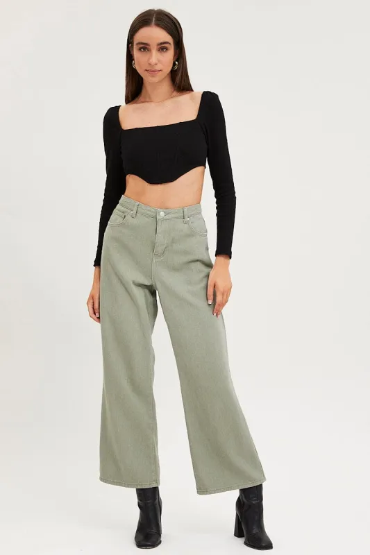 Green Wide Leg Denim Jeans High Rise sold by Ally Fashion