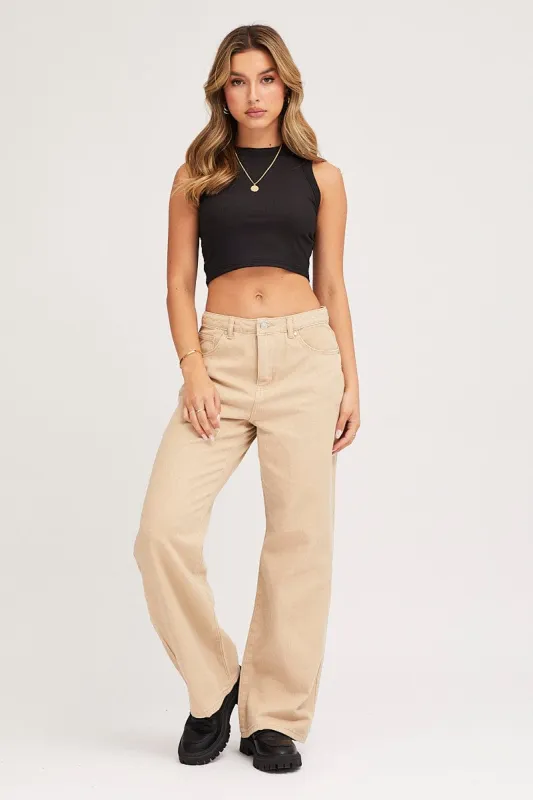 Beige Wide Leg Denim Jeans High Rise sold by Ally Fashion