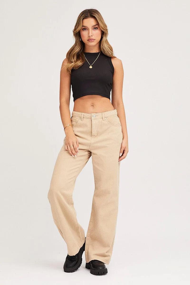 Beige Wide Leg Denim Jeans High Rise sold by Ally Fashion