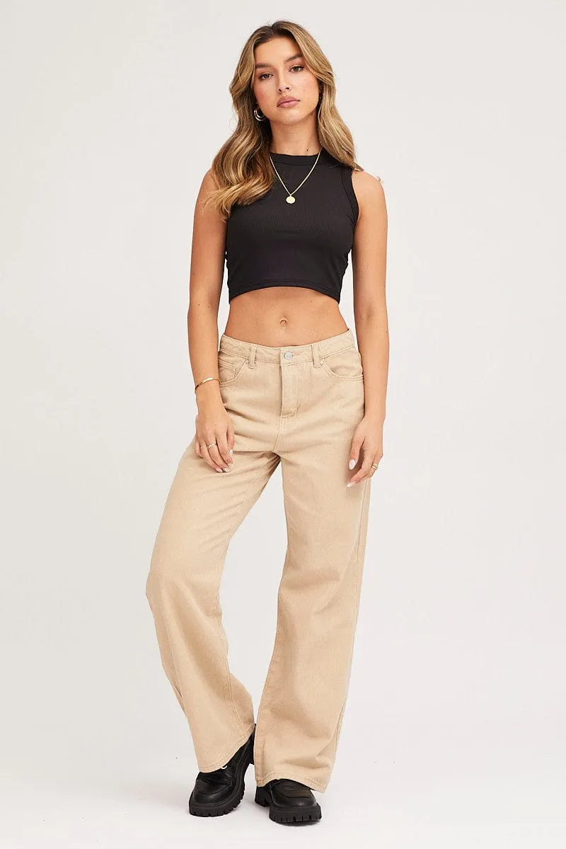 Beige Wide Leg Denim Jeans High Rise sold by Ally Fashion product image thumbnail 3