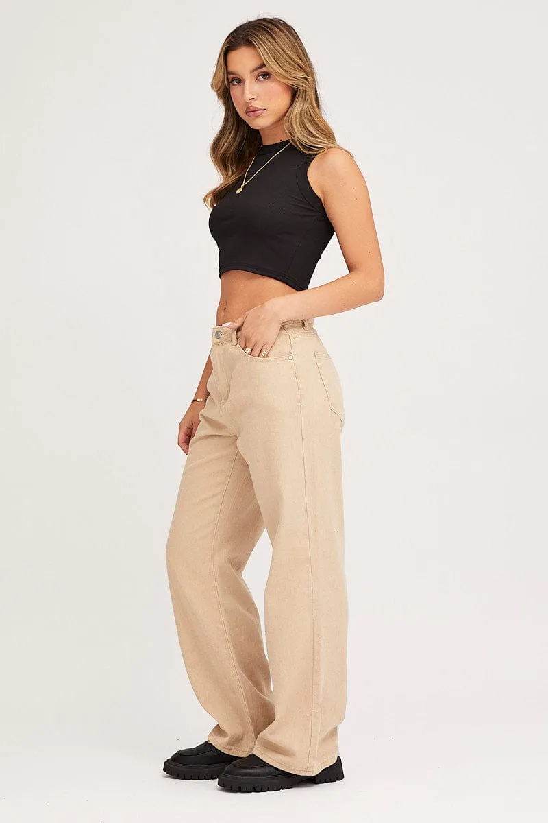 Beige Wide Leg Denim Jeans High Rise sold by Ally Fashion product image thumbnail 4