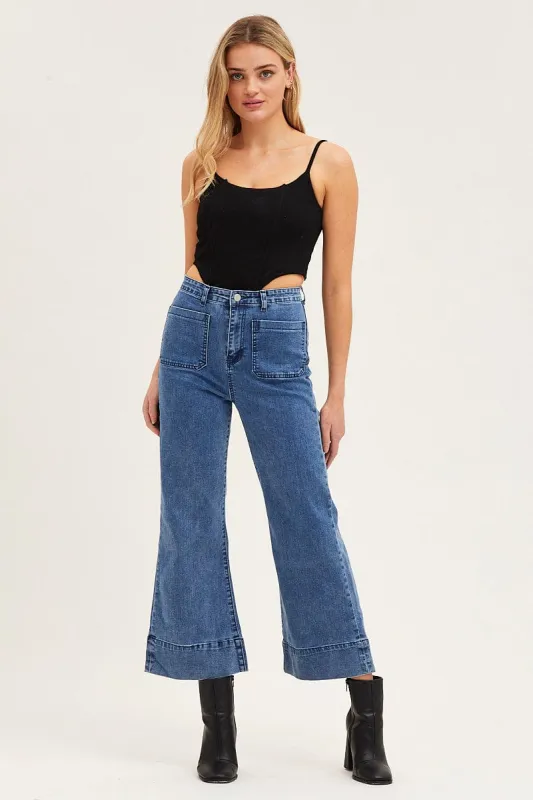 Blue Denim Jeans High Rise Wide Leg Pocket sold by Ally Fashion