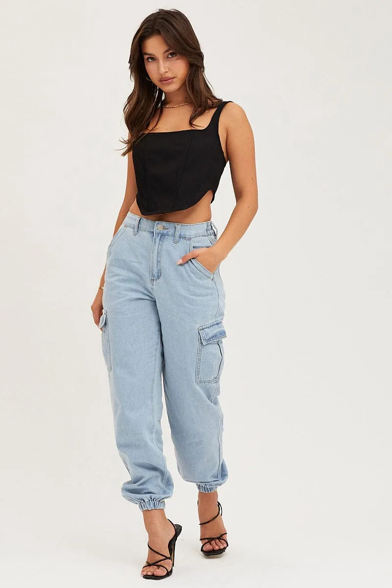 Blue Cargo Jeans High Rise Denim sold by Ally Fashion