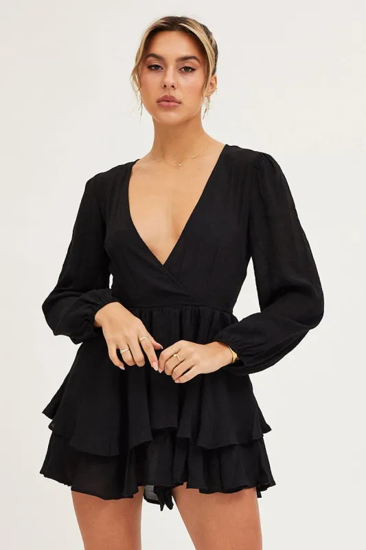 Black Playsuit Long Sleeve V Neck sold by Ally Fashion