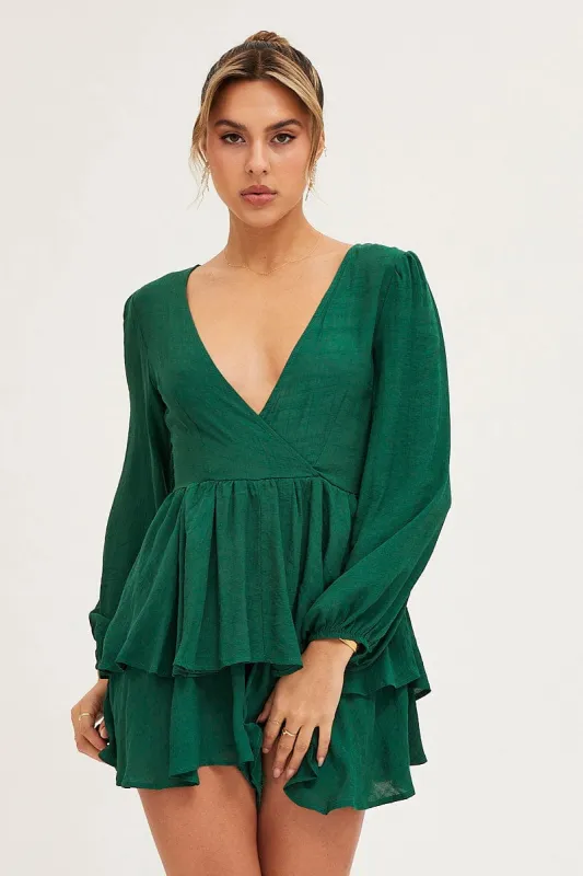 Green Playsuit Long Sleeve V Neck sold by Ally Fashion