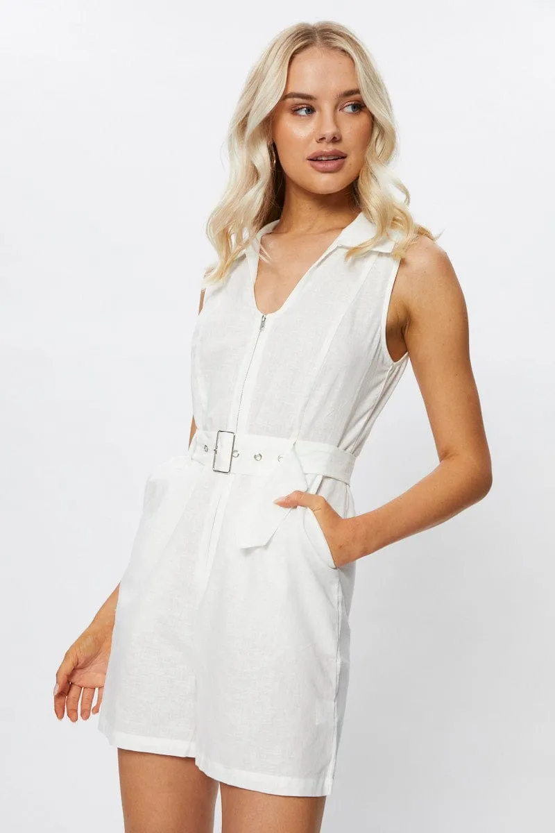 White Sleeveless Linen Belted Playsuit sold by Ally Fashion product image thumbnail 2