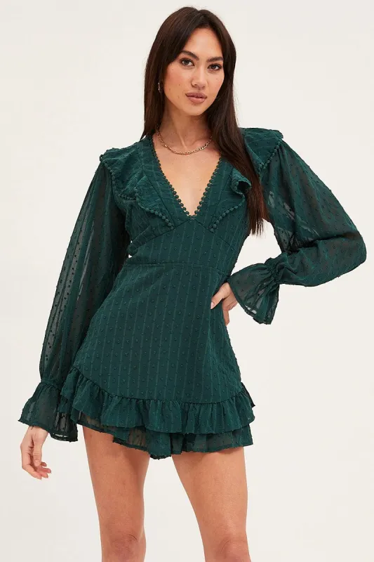Green Playsuit Long Sleeve V Neck sold by Ally Fashion
