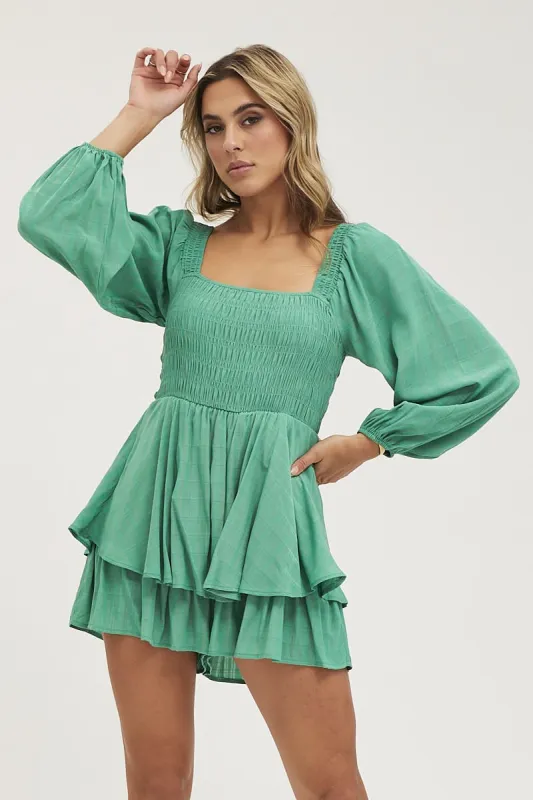 Green Shirred Detail Playsuit sold by Ally Fashion