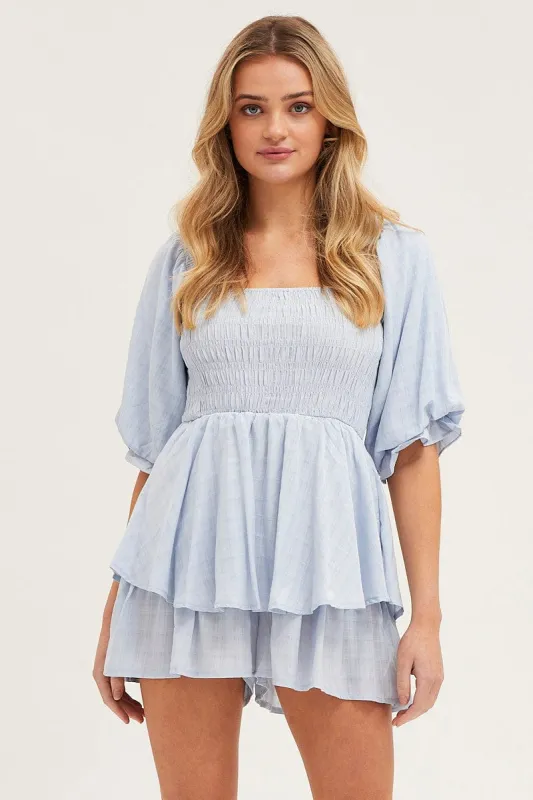 Blue Playsuit Short Sleeve Square Neck sold by Ally Fashion