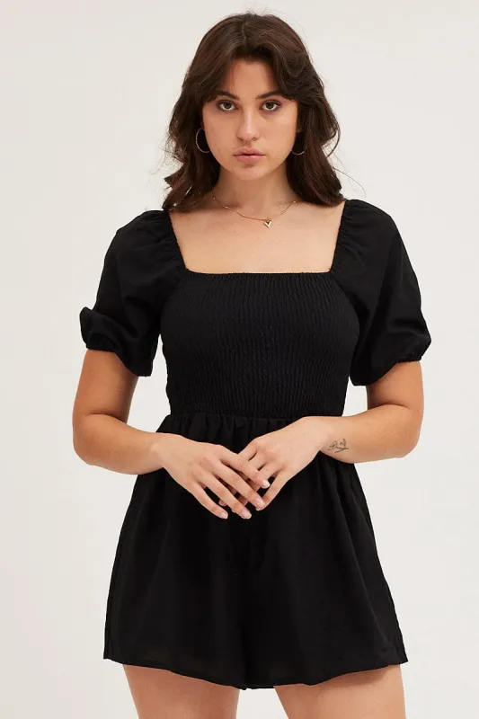 Black Playsuit Short Sleeve Square Neck sold by Ally Fashion