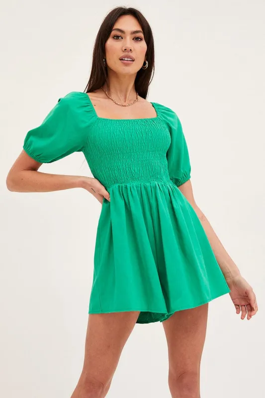 Green Playsuit Short Sleeve Square Neck sold by Ally Fashion