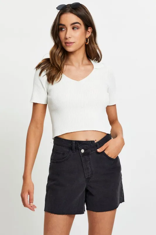 Black High Rise Asymmetric Denim Shorts sold by Ally Fashion