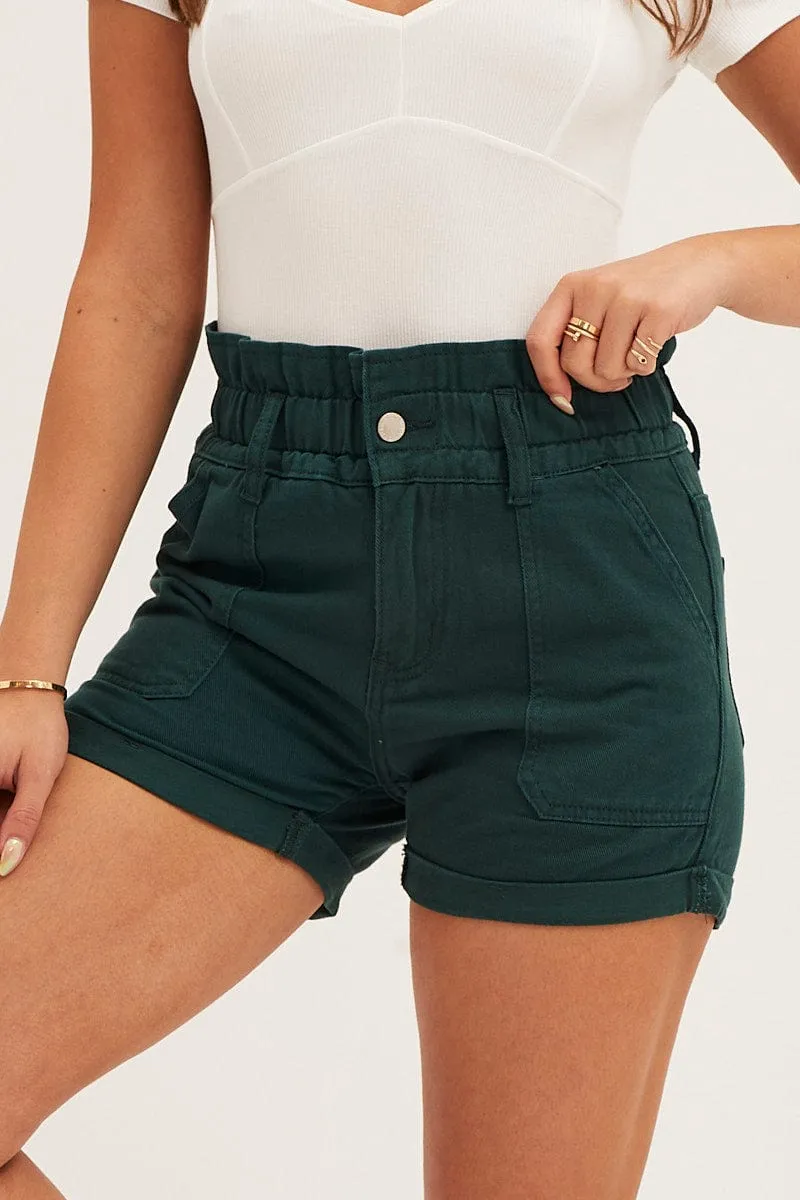 Green Paper Bag Elastic Waist Out Pocket Shorts sold by Ally Fashion product image thumbnail 2