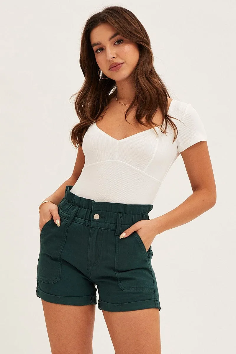 Green Paper Bag Elastic Waist Out Pocket Shorts sold by Ally Fashion