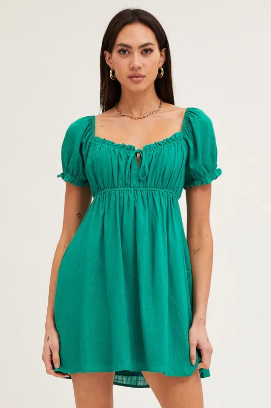 Green Gathered Bust Puff Sleeve Skater Dress sold by Ally Fashion