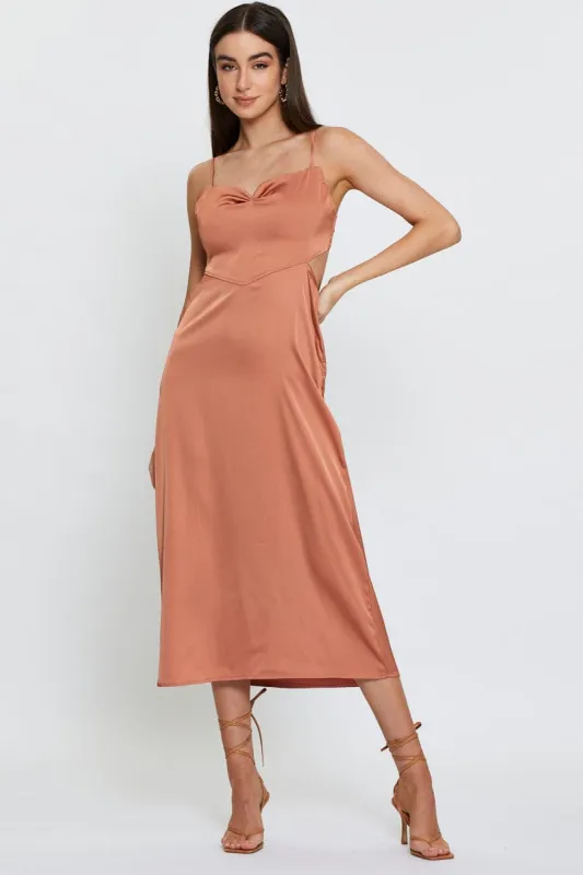 Brown Midi Dress Cowl Neck Satin sold by Ally Fashion
