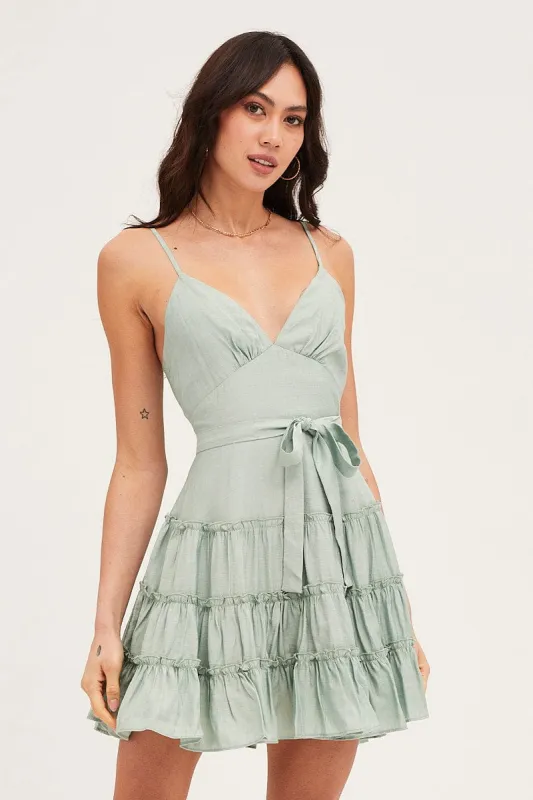 Green V Neck Frill Skater Dress sold by Ally Fashion