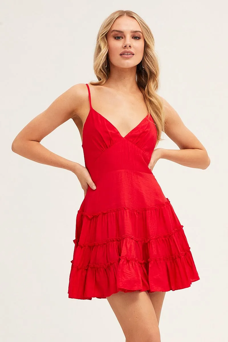 Red V Neck Frill Skater Dress sold by Ally Fashion