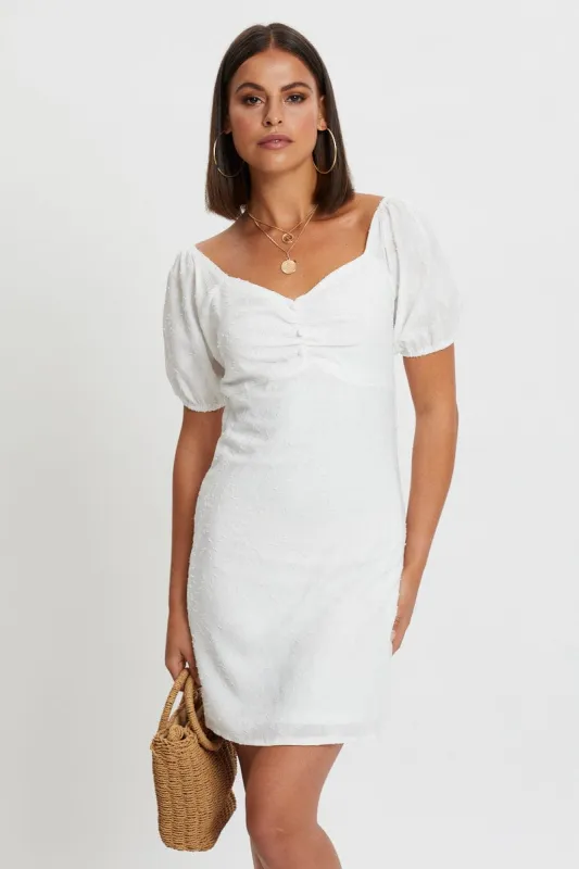 White Puff Sleeve Gathered Bust Mini Dress sold by Ally Fashion