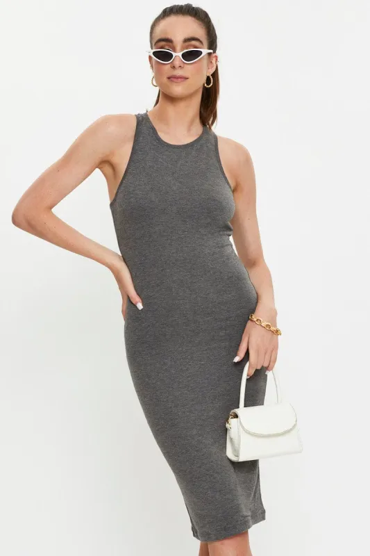 Grey Racer Neck Tie Front Midi Bodycon Dress sold by Ally Fashion