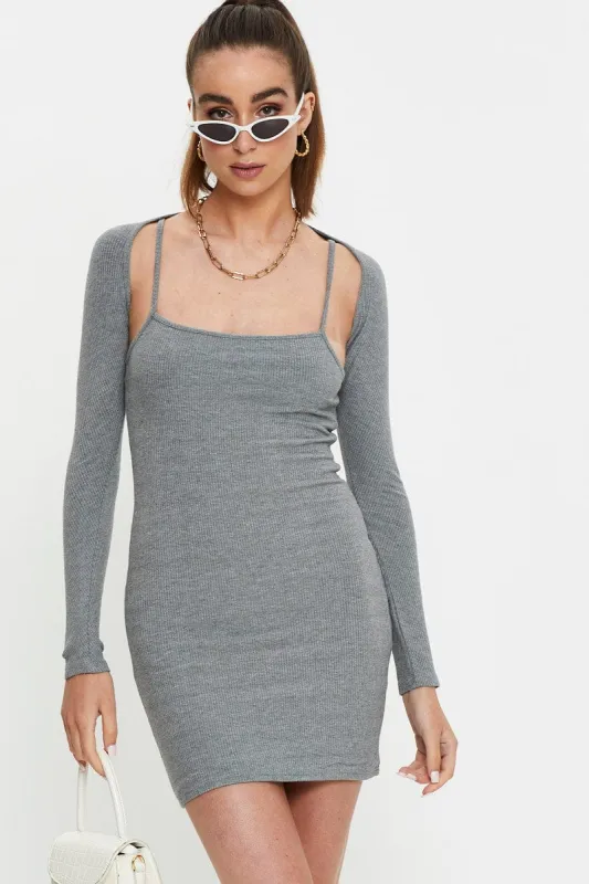 Grey Ribbed Shrug & Mini Dress Co-Ord sold by Ally Fashion