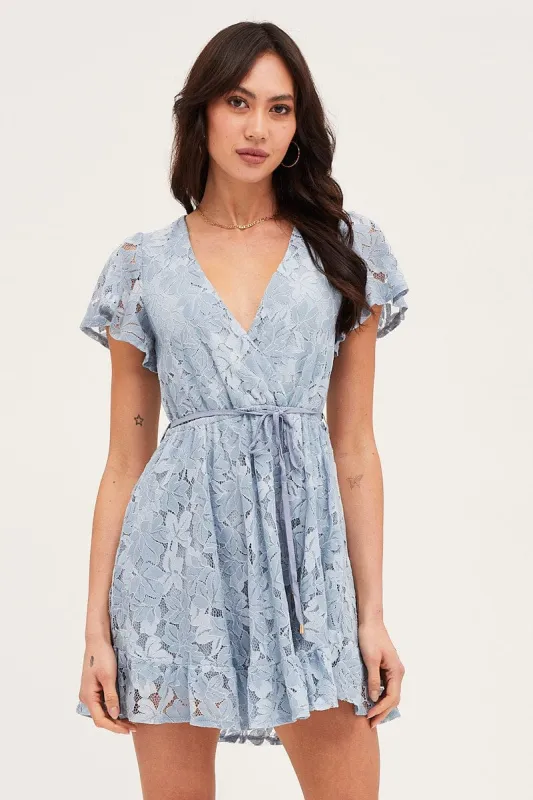 Blue Short Sleeve Lace Wrap Front Skater Dress sold by Ally Fashion