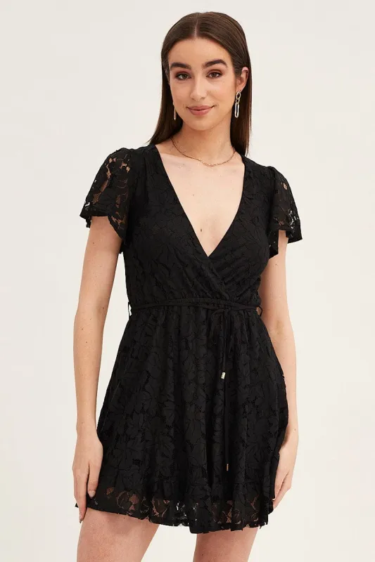 Black Short Sleeve Lace Wrap Front Skater Dress sold by Ally Fashion