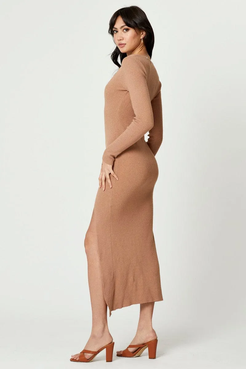 Beige High Split Knit Maxi Dress sold by Ally Fashion product image thumbnail 3