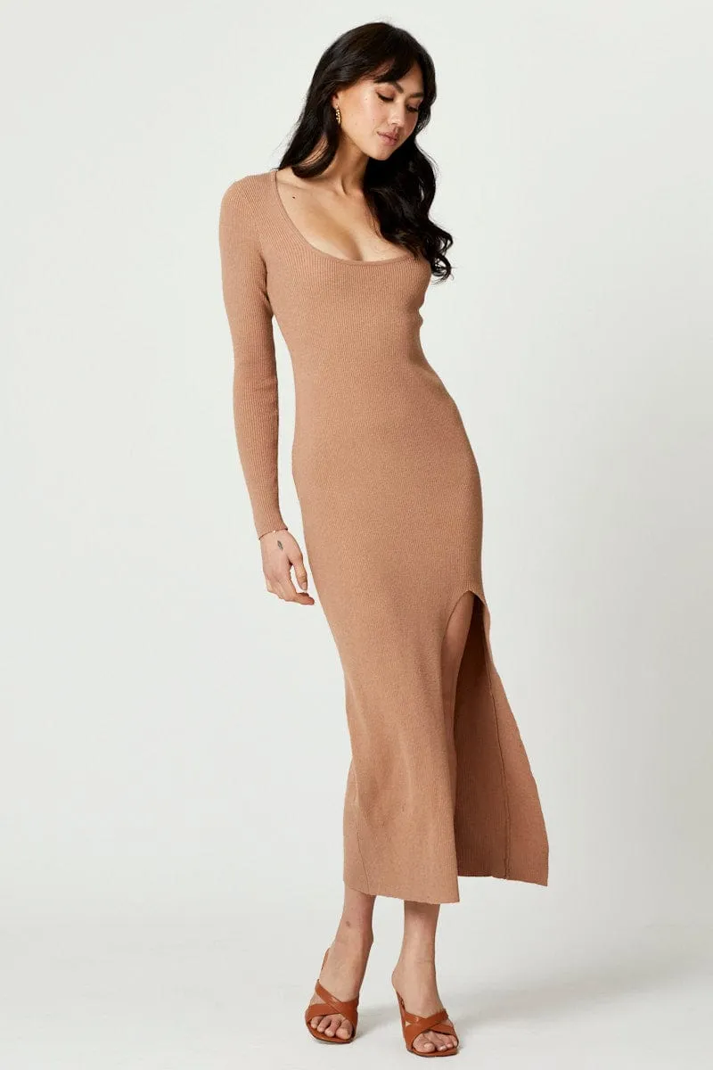 Beige High Split Knit Maxi Dress sold by Ally Fashion